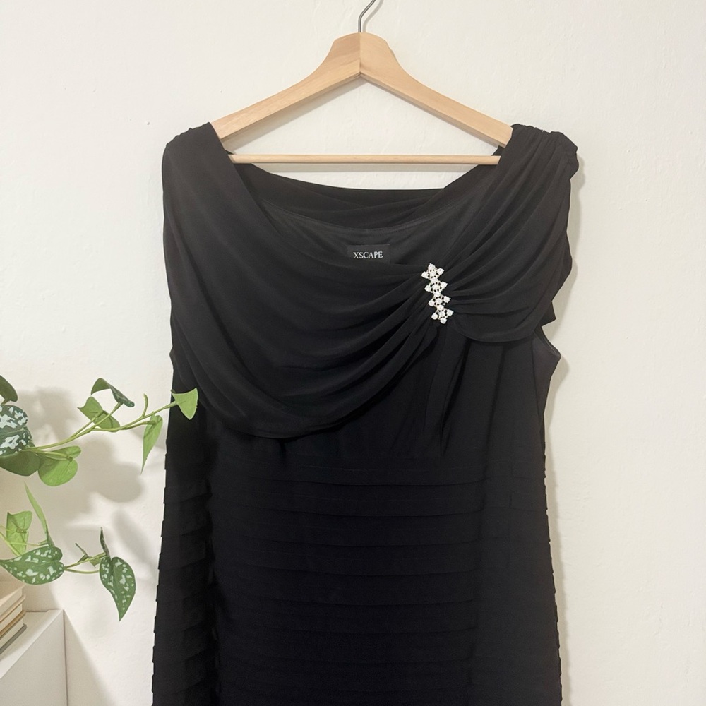 Xscape Black Ruched & Ruffled Mermaid Gown with Rhinestone Detail